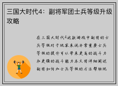 三国大时代4：副将军团士兵等级升级攻略