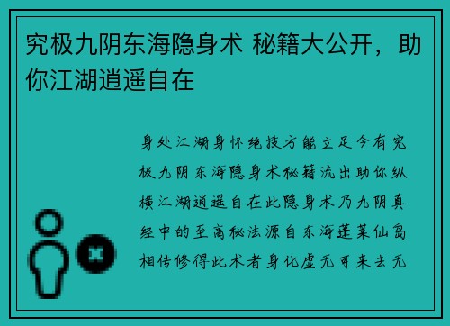 究极九阴东海隐身术 秘籍大公开，助你江湖逍遥自在
